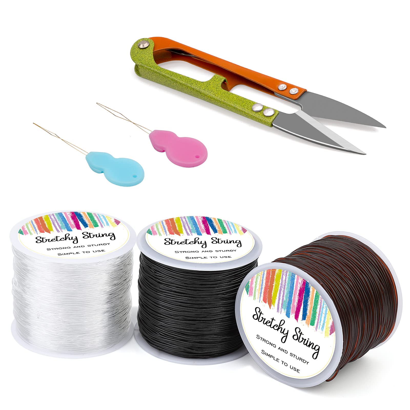 3 Rolls Elastic Stretch Thread for Bracelets with 2 Random Colored Copper Threaders and Scissors